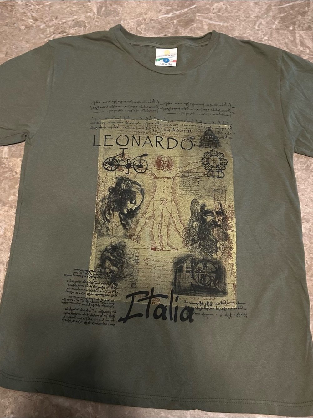 VTG 90’s Y2K Leonardo DaVinci Vitruvian Man  Green Graphic Made in Italy Large
